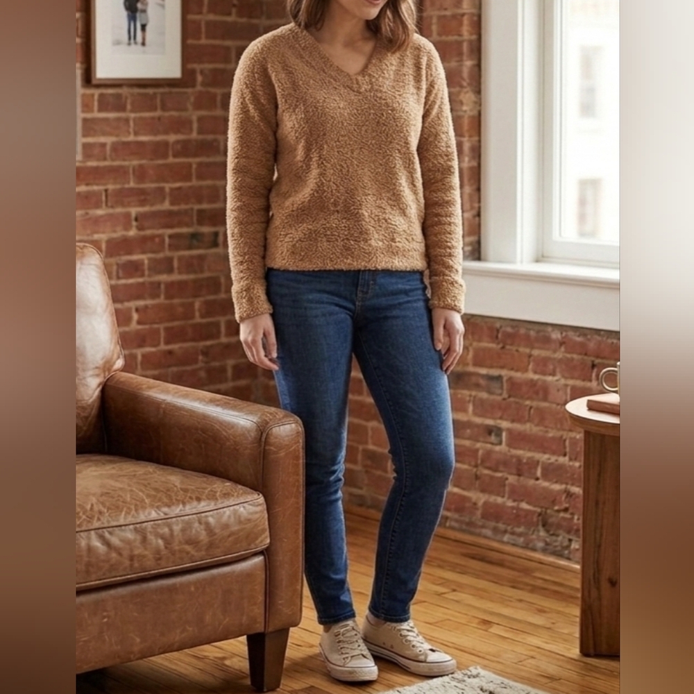 Stars Above Sweater Xs Xsmall Fuzzy Fluffy Tan Top Long Sleeve Stretch Cardigan - Picture 1 of 5